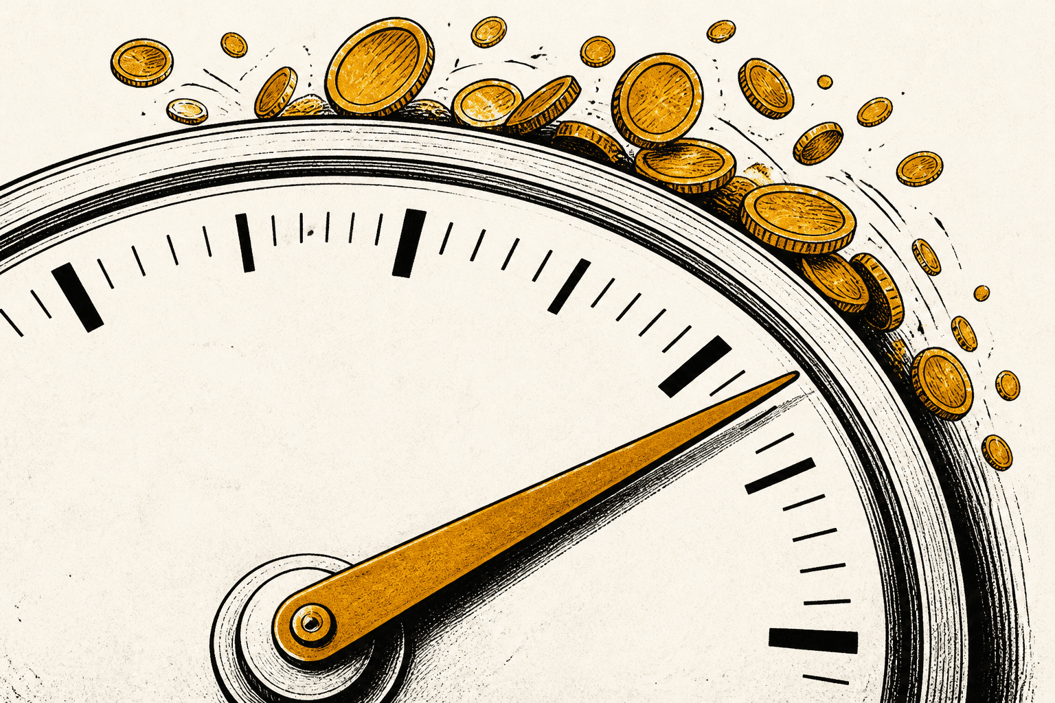 A large return-on-investment dial with its needle swinging past 10x as coins cascade upward