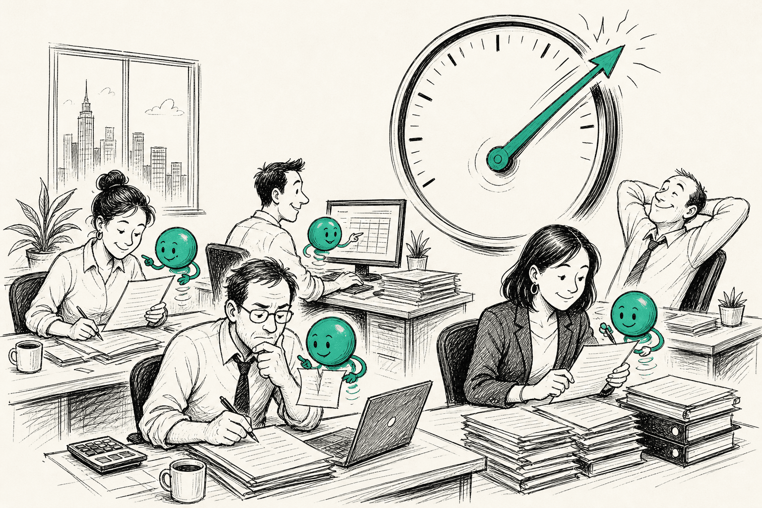 Finance workers with small AI helpers watch an ROI gauge swing far past its top mark