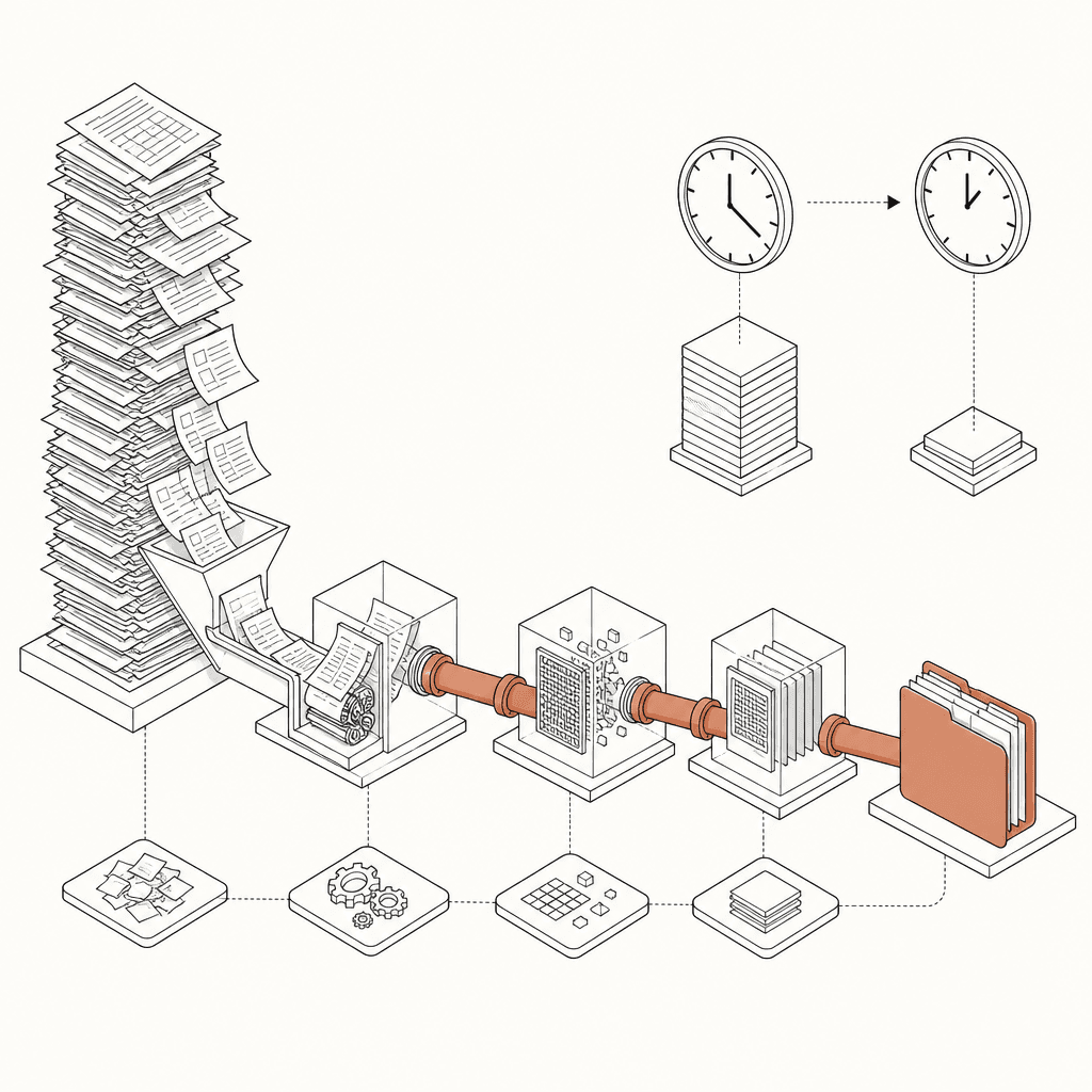 Diagram of a document pile funneling through a fast pipe into one organized claims file