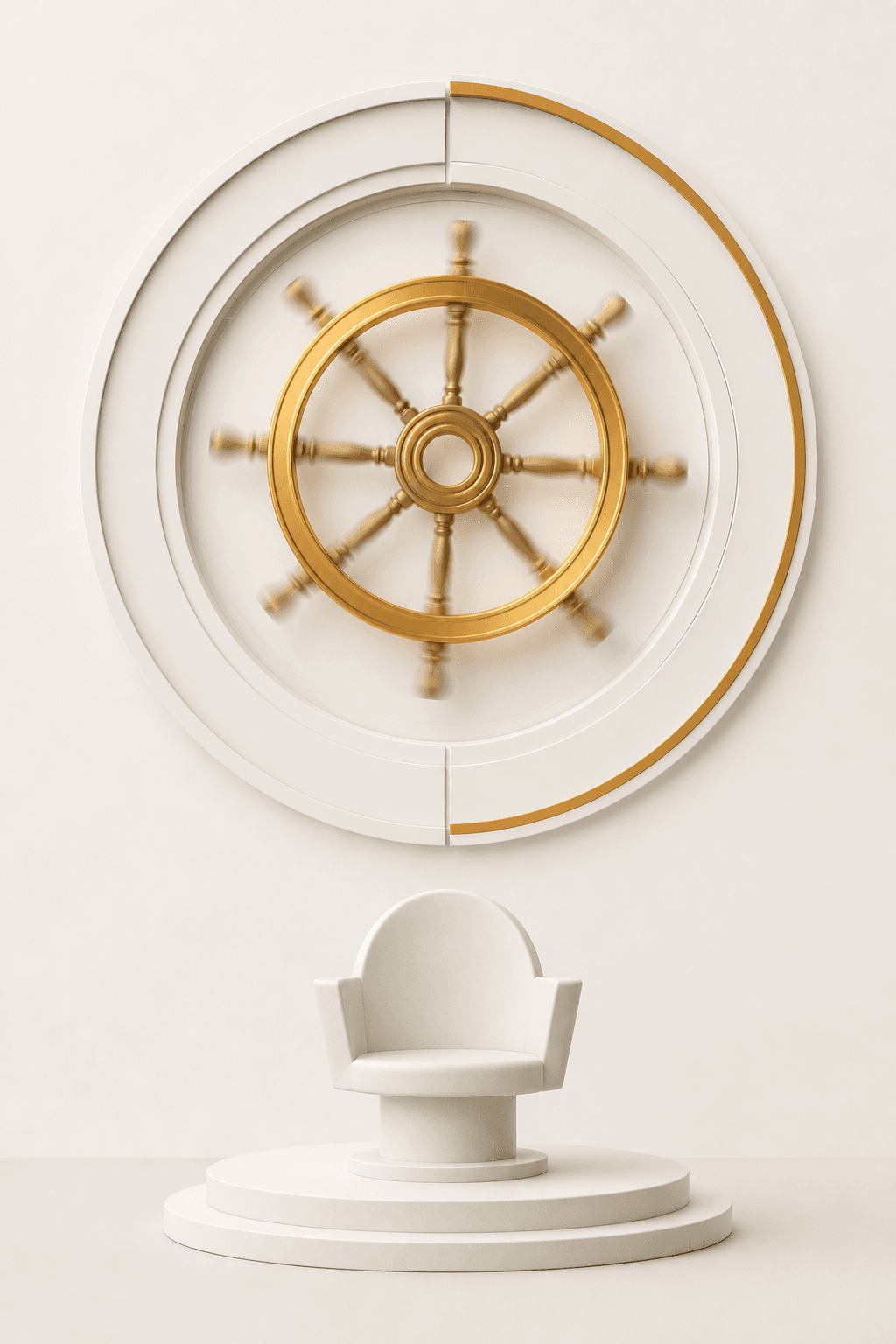 An empty ship's wheel spinning inside a corporate seal, with a vacant captain's chair