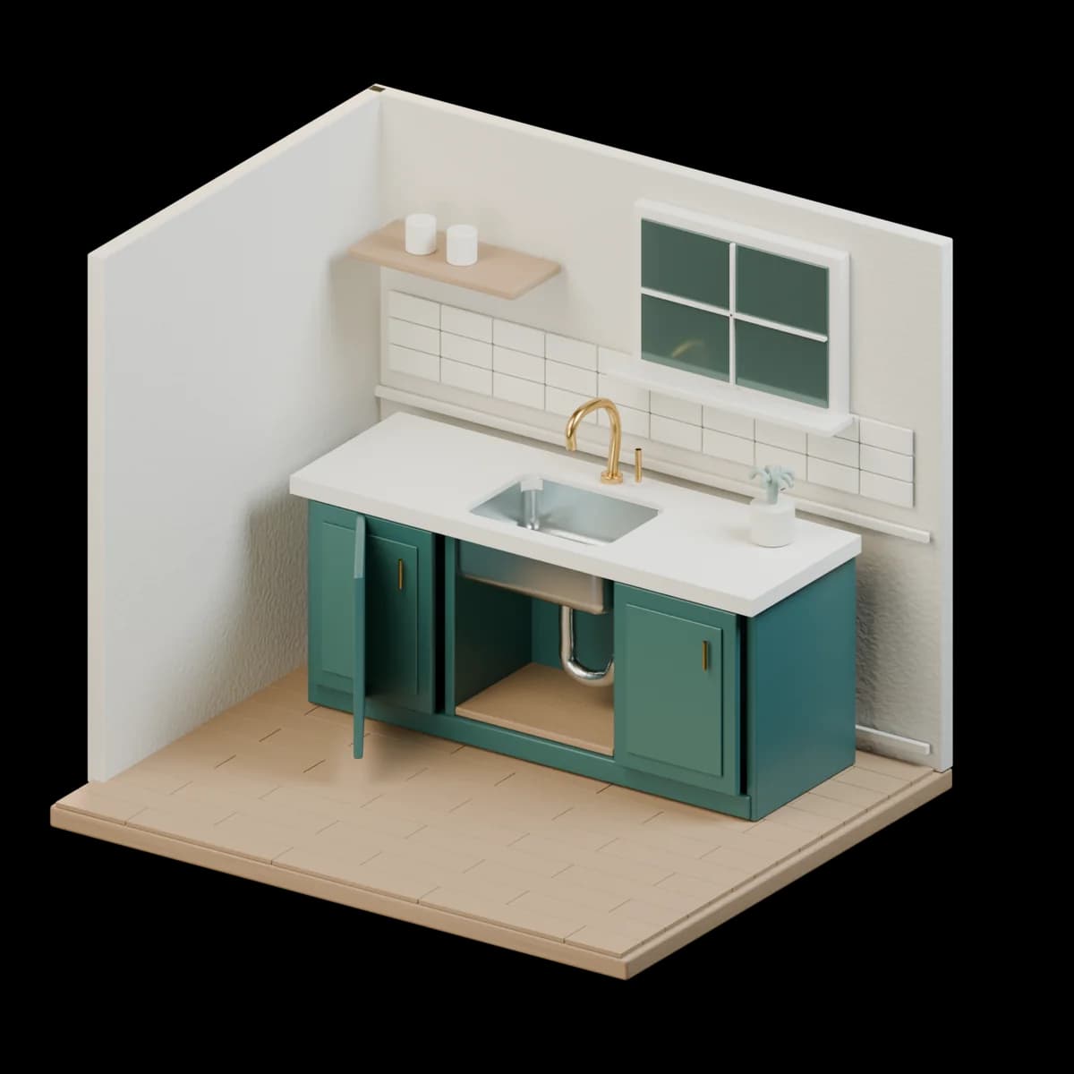 Miniature kitchen with an open sink cabinet.