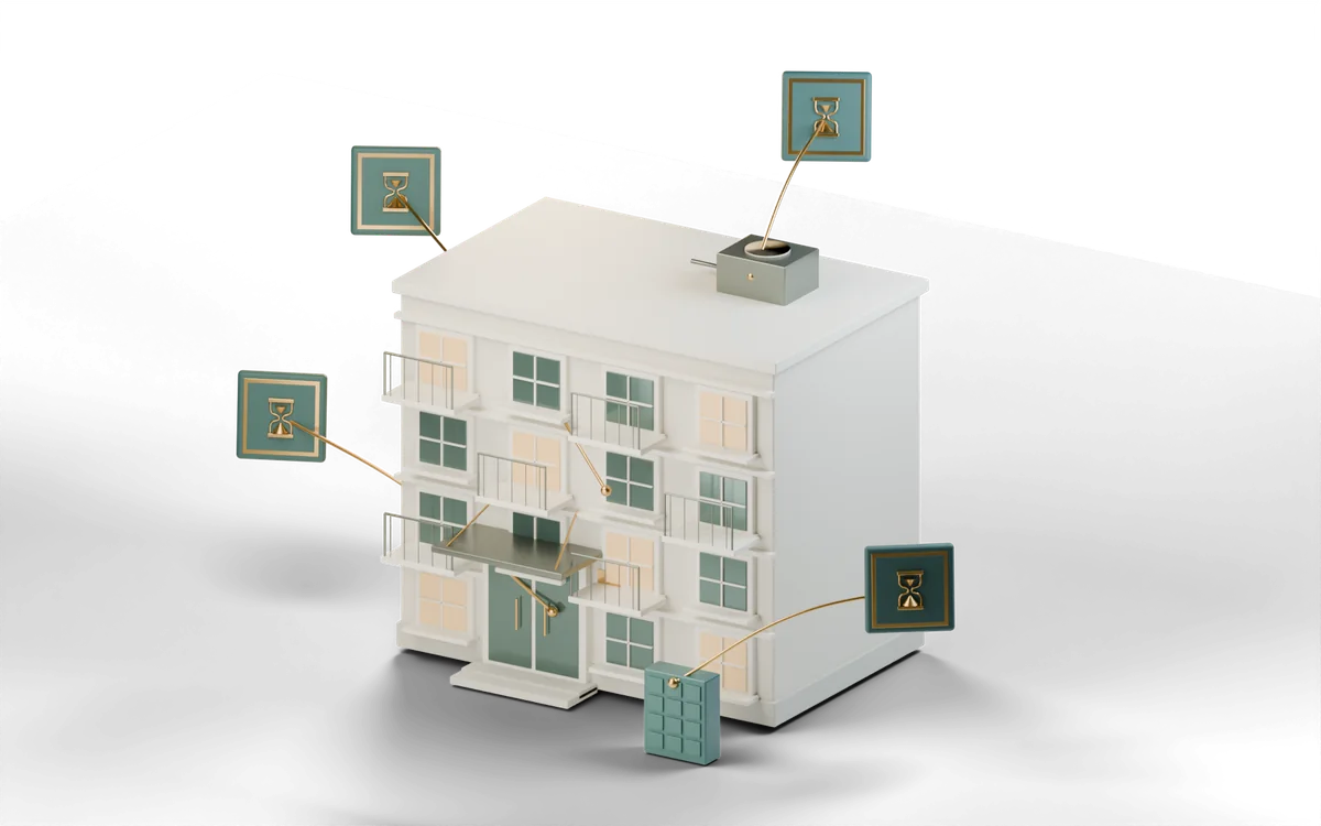 An apartment building with four Openhour agent tiles floating around it, each connected by a brass line to the lobby door, a balcony, the rooftop unit, and the mail kiosk.